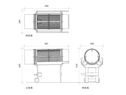  旋轉(zhuǎn)堆肥篩CAD三視圖 