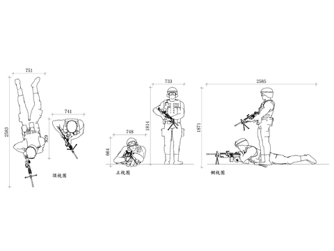  军人士兵模特 士兵形象模特 军事模特 士兵展示模特 军队人物cad大样图 