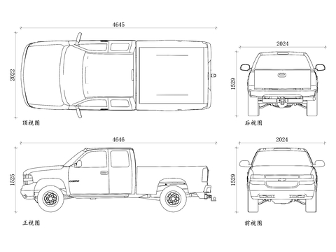  长轴皮卡 加长型皮卡 大型皮卡 长车身皮卡 延长版皮卡cad大样图 