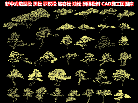 新中式造型松 黑松 罗汉松 迎客松 油松 飘枝松树 歪脖子树cad图库 
