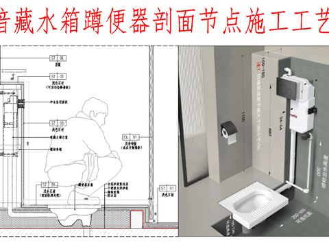  暗藏水箱蹲便器节点大样图 