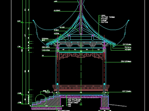  公园仿古翘角 四角亭CAD施工图 