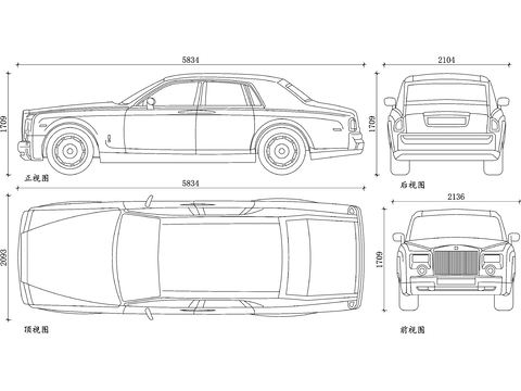  劳斯莱斯幽灵 劳斯莱斯旗舰轿车 豪华轿车幻影 劳斯莱斯顶级轿cad大样图 