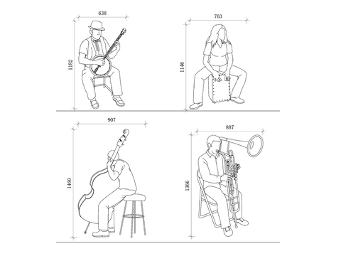  乐器演奏姿势cad图库 