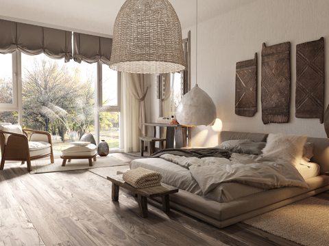  侘寂家装效果图客厅卧室餐厅 黑白灰极简效果图 