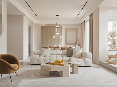  侘寂家装设计 客厅卧室餐厅 黑白灰 公寓效果图 