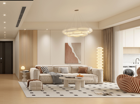  奶油风客餐厅 卧室效果图 