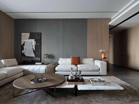  现代330m²大平层家装效果图客厅卧室餐厅 黑白灰极简效果图 