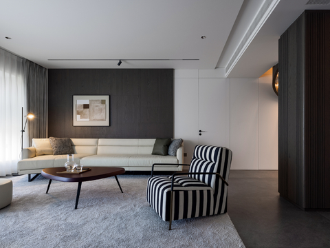  现代家装效果图客厅卧室餐厅 黑白灰极简效果图 