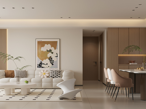  奶油风客餐厅卧室装修效果图 