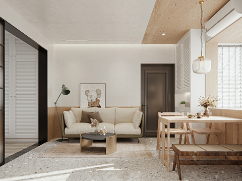  现代奶油风家装设计客厅卧室餐厅 高级灰  极简效果图 