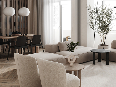  现代奶油风家装效果图客厅卧室餐厅 黑白灰极简效果图 