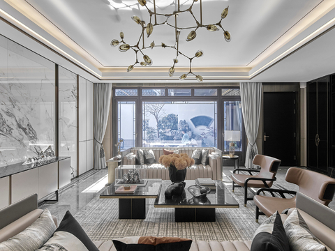  新中式家装效果图卧室客厅餐厅 高级灰极简设计高级灰效果图 