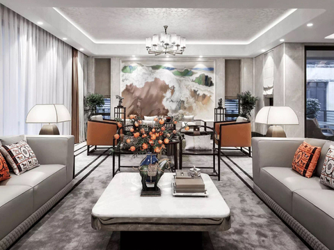  新中式家装效果图卧室客厅餐厅 高级灰极简设计高级灰效果图 