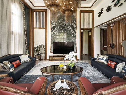  新中式家装效果图卧室客厅餐厅 高级灰极简设计高级灰效果图 