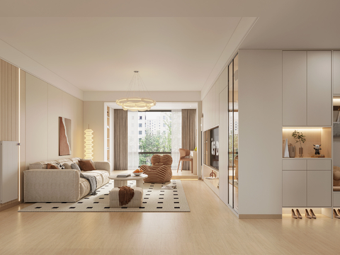  奶油风平层 客厅 卧室 家装全景图 效果图 