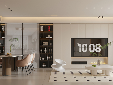  现代风格客餐厅 卧室全景图 装修效果图 