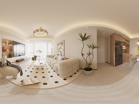  奶油风大平层家装全景图 装修效果图 