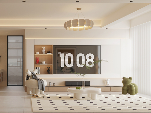  奶油风客餐厅 家装全景图 装修效果图 