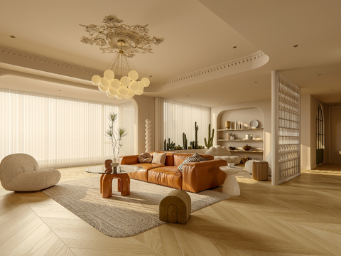  奶油风家装案例客厅 卧室效果图 