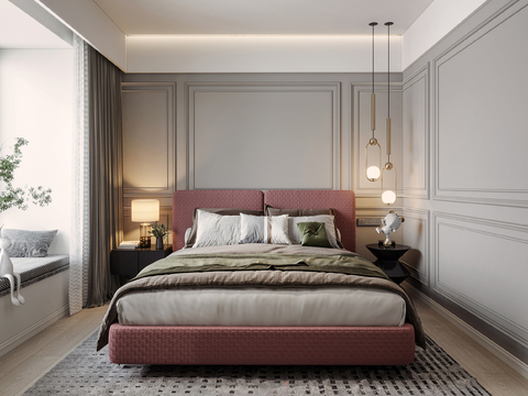  现代奶油风家装案例 卧室效果图 