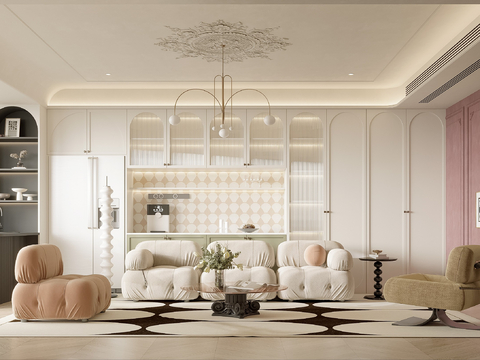  奶油风家装 大平层案例 客厅 卧室效果图 