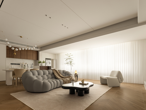  现代大平层家装效果餐厅卧室客厅简约效果图 