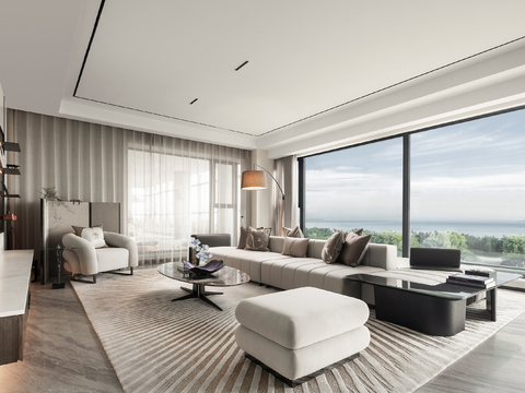  现代大平层家装效果餐厅卧室客厅简约高级灰设计效果图 