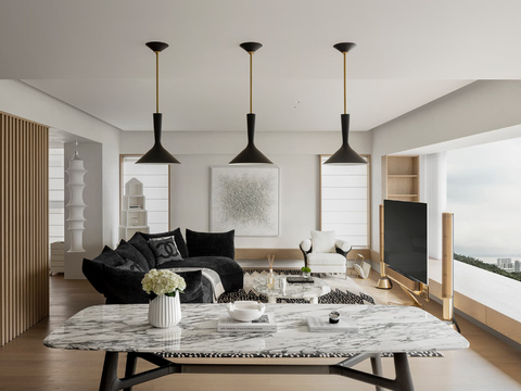  现代大平层家装效果餐厅卧室客厅简约高级灰设计效果图 