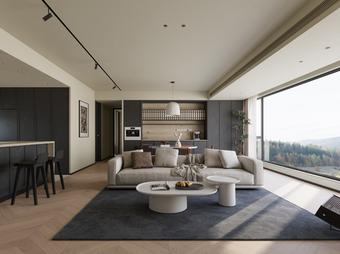  现代大平层客餐厅装修效果图 