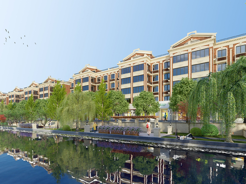  欧式小区景观 沿河景观效果图 