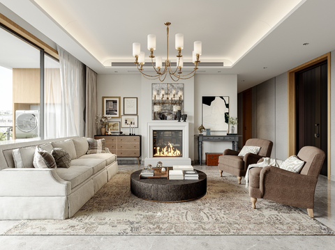  侘寂大平层客餐厅 客厅 餐厅 卧室装修效果图 