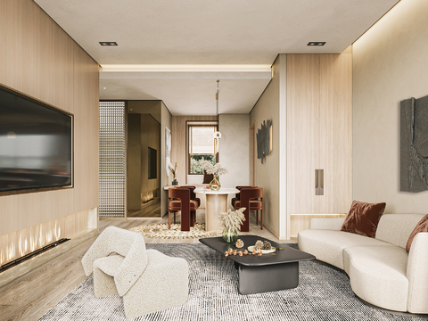  奶油风客餐厅 卧室装修效果图 