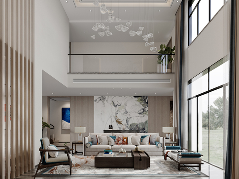  新中式别墅客餐厅 复式 客厅 影视室 室内锻炼装修效果图 