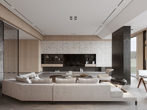  现代别墅高级灰卧室餐厅客厅大平层效果图 