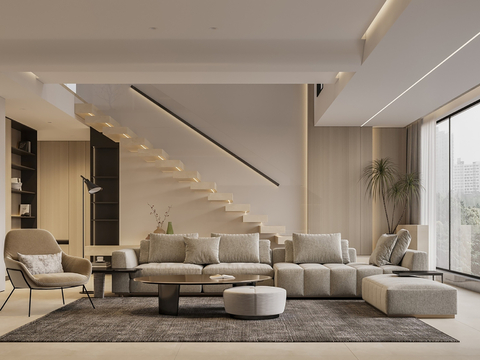  现代别墅高级灰卧室餐厅客厅大平层效果图 