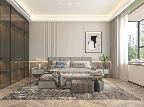  现代别墅高级灰卧室餐厅客厅大平层效果图效果图 