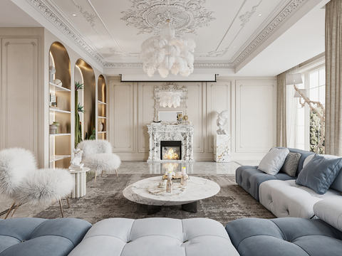  欧美侘寂风别墅高级灰卧室餐厅客厅大平层效果图 