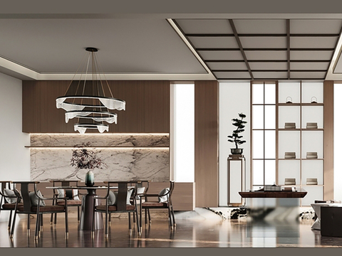  新中式侘寂风别墅高级灰卧室餐厅客厅大平层效果图 