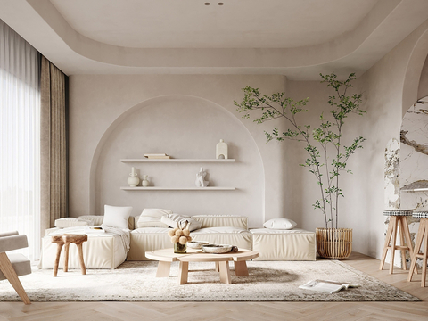  现代侘寂风别墅高级灰卧室餐厅客厅大平层效果图 