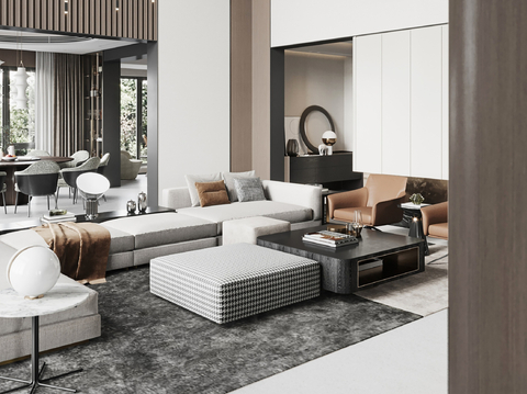  现代别墅高级灰卧室餐厅客厅大平层效果图 