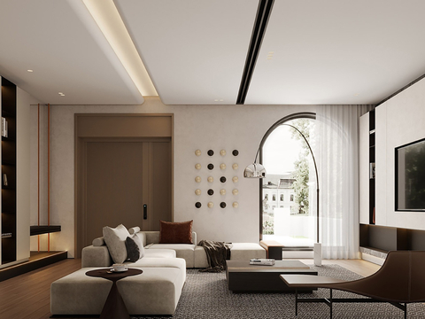  现代侘寂风别墅高级灰卧室餐厅客厅大平层效果图 