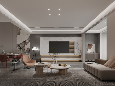  现代别墅高级灰卧室餐厅客厅大平层效果图效果图 