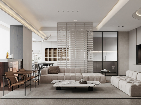  奶油侘寂风别墅高级灰卧室餐厅客厅大平层效果图 