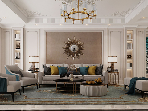  欧美侘寂风别墅高级灰卧室餐厅客厅大平层效果图 