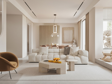  现代侘寂风别墅高级灰卧室餐厅客厅大平层效果图 