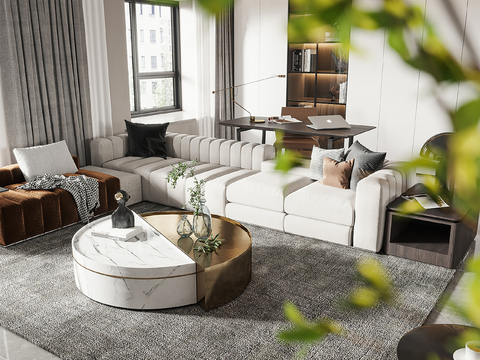  现代别墅高级灰卧室餐厅客厅大平层效果图 