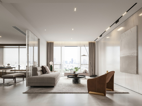  现代别墅高级灰卧室餐厅客厅大平层效果图 