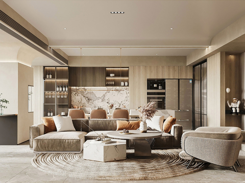  现代别墅高级灰卧室餐厅客厅大平层效果图 