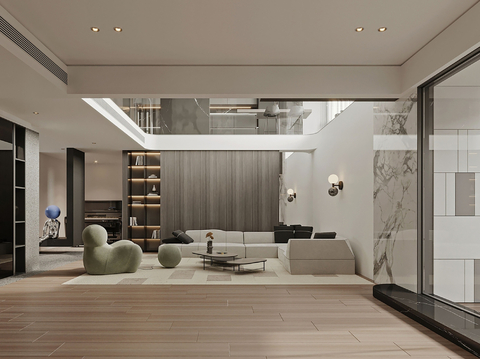  现代别墅高级灰卧室餐厅客厅大平层效果图 